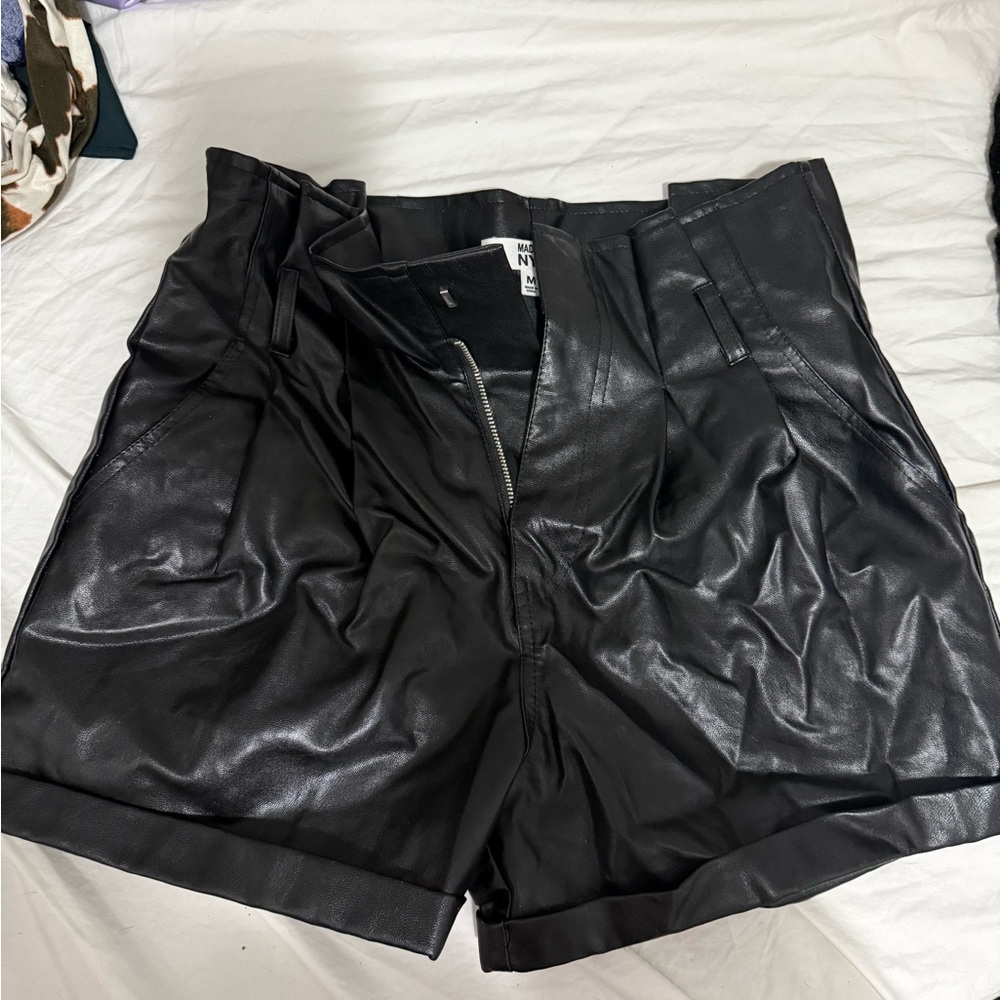 Black Flat Front Leather-Look Shorts